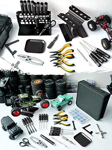 RC Tool Kit, Screwdriver Set (Flat, Phillips, Hex) RC Repair Tools - 27pcs | Include Screwdriver (Flat, Phillips, Hex), Work Stand, Screw, Pliers, Body Reamer, Wrench, Tray, Storage Rack (Black) - color: Black