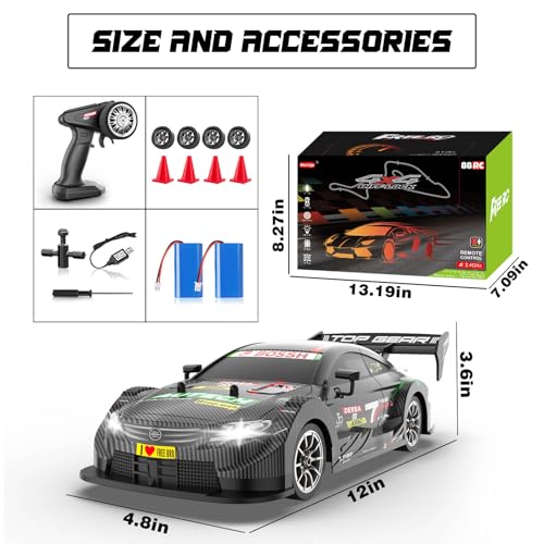RC Drift Car 1:16, 2.4GHz 4WD 30+KM/H High Speed Remote Control Car with LED Lights Two Batteries and Drift Tires, Drifting RC Cars for Adults Boys Kids, Gray - color: Gray