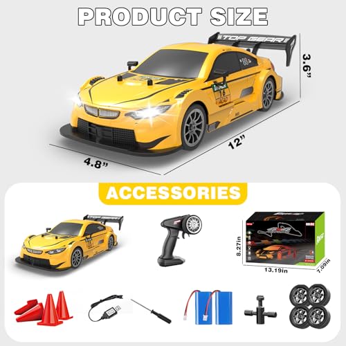 RC Drift Car 1:16, 2.4GHz 4WD Remote Control Car, 30+KM/H High Speed Drifting RC Cars with LED Lights Two Batteries and Drift Tires Racing Cars for Adults Boys Kids, Yellow - color: Yellow