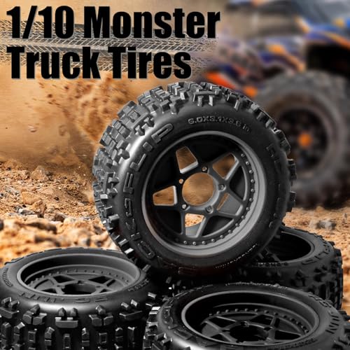3.8" MT Monster Truck All Terrain Tires with Foam Insert - 17mm/14mm/12mm Hex Adapters Included for TRAXXAS Sledge ARRMA KRATON Outcast Tamiya HSP (Set of 4) Replacement Part of AR510092 - color: Black