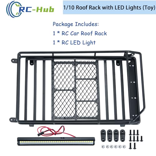 RC-Hub 1/10 Scale Roof Rack Luggage Carrier with LED Lights Bar 232 * 153mm RC Upgrade Parts for 1/10 Axial SCX10 SCX10 II III Wrangler 90046 AXI03007 RC Crawler Car | 232 * 153mm Luggage Carrier,White Lights Bar,RC Upgrade Parts