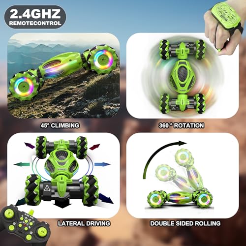 Gesture RC Car, 1:18 4WD Transform Off-Road Stunt Car with Gesture & Remote Control, 360° Flips Drift Vehicle with LED Lights Music, All Terrain Toy Cars Gifts for Boys Girls Age 6-12 - style: 1:18 Green