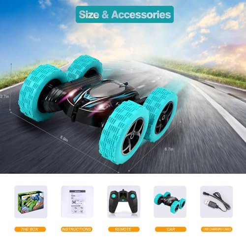 Remote Control Car: Double Sided 360°Rotating 4WD RC Cars 2.4GHz Electric Race Stunt Toy Car Rechargeable Toy Cars for 6 7 8 9 10 11 12 Year Old Boys Girls Kids Christmas Birthday Gifts Cyan - color: Cyan
