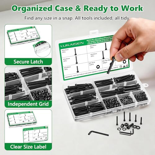 481PCS M3 Screw Assortment Kit, 12.9 Alloy Steel Hex Socket Cap Bolts | High-Tensile, M3 x 30/35/40/45/50mm, With Flat Washers & Allen Wrench, Black Zinc Plated For 3D Printing,RC,DIY,Home - size: M3 481pcs 3