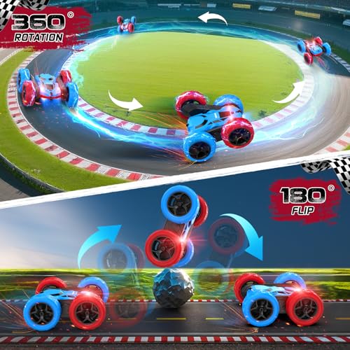 cosone Red Blue RC Stunt Car for Boys Girls | 360° Spinning Tricks, Double-Sided Driving, LED Lights, USB-C Rechargeable, One-Click Demo - color: Red&blue Pro
