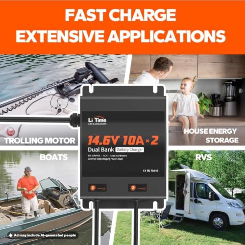 LiTime 2-Bank 10A (10A/Bank) Dual Smart Battery Charger, 14.6V LiFePO4 Battery Charger AC-DC Charger with Fuse, LED Indicator for RV, Boat, Motorcycle, Lawn Mower, Trolling motor and Lead Acid Battery