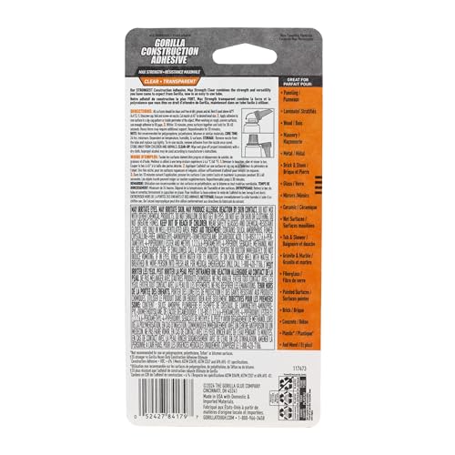 Gorilla Max Strength Construction Adhesive, Clear, 2.5 oz | Gap-Filling and Paintable, Ideal for Quick Fixes and Touch Ups, Bonds Wood, Metal, Glass, Tile, Stone, and Drywall - size: 2.5oz, style: 1 Pack