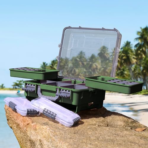 RUNCL Universal Fishing Tackle Box with Two Small Tackle Tray, Removal Inside Design Waterproof Trunk Storage Box, Thicker Floating Airtight Stowaway, Xmas Surprise Fishing Gifts for Men Women - color: Green