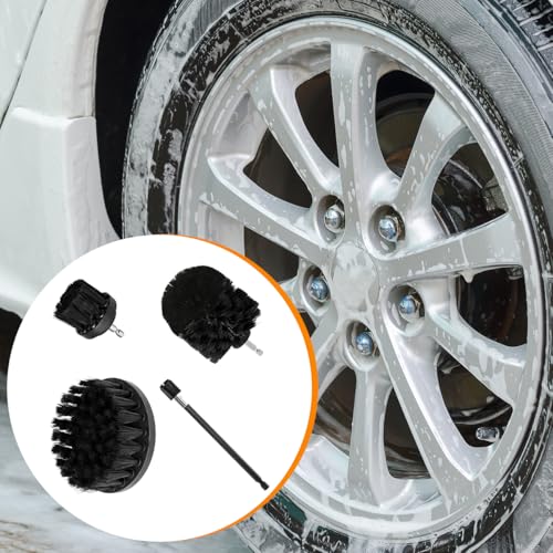 4PCS Drill Brush Attachment Kit with Extension Rod, Black | PP bristles with steel shafts, three brush sizes, quick-change extension rod, follows curved surfaces, compact storage - color: Black