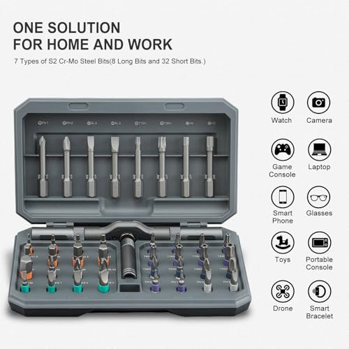42 in 1 Magnetic Screwdriver, Screwdriver Set, Multi Bit Ratcheting Screwdriver Set with Storage Case Repair Tool Kit for Computer, Eyeglass, Bicycles, Watch, Ring Doorbell, Furniture and DIY - color: Grey Ratchet