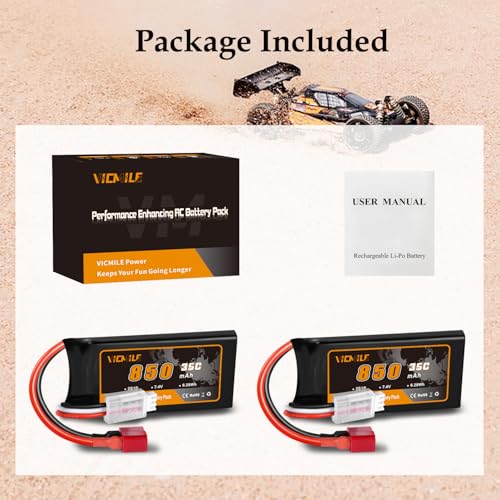7.4V Lipo Battery Super Thin 2S 850mAh RC Battery with Dean-Style T Plug 35C High Discharge Rate Rechargeable Fit for DEERC WLtoys HBX Most 1/10 1/16 1/18 1/24 Scale RC Car Truck