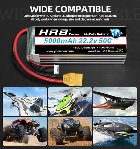 HRB 6S 5000mAh 22.2V 50C Lipo Battery XT90 Plug RC Lipo Battery Compatible with RC Quadcopter Helicopter Airplane Car Boat Truck