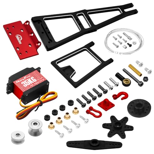 Aluminum RC Winch Double Stent Rescue Set Truck Tow Crane Arm Wrecker Kit with 360° 35KG Servo for 1/10 SCX10 TRX4 RC Crawler and Trailer RC Upgrade Parts (Black & Red), Red Servo - color: Black & Red, Red Servo