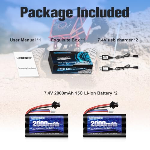 Li-ion Battery 7.4V 2000mAh High Capacity with SM-2P Plug 2S Rechargeable RC Battery Fit for WPL MN99 4WD High Speed RC Cars & Most 1/10, 1/12, 1/16 Scale RC Cars Trucks with 2 USB Chargers