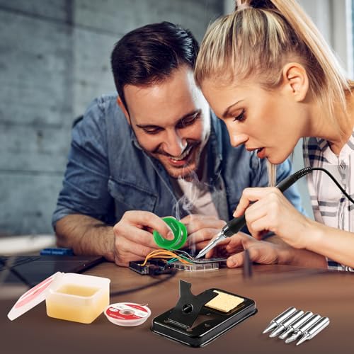 Soldering Iron Kit, 100W LED Digital Solder Gun kits with Ceramic Heater, Adjustable Temperature Welding Tools with Tips, Wick Braid, Stand, Solders Wire, Sponge, Flux Paste, Black - color: Black