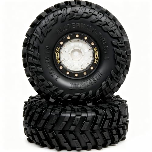HOBBYSOUL 70 * 27mm All Terrain 1.0 Tires & Brass 1.0 beadlock Wheels Set - Adjustable Offset 1.0 Wheel and Soft Sticky 1.0‘’ tire for RC Crawler TRX4M SCX24 Upgrades, Black & White - color: Black & White