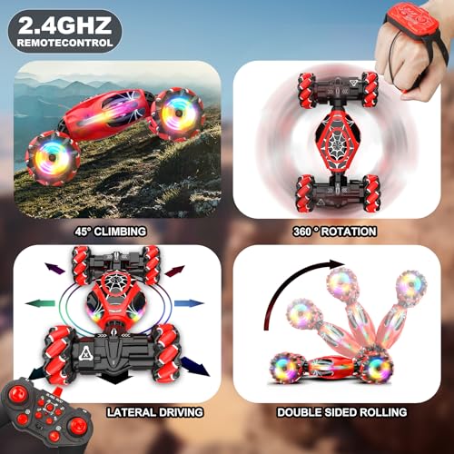 Gesture RC Car, 1:18 4WD Transform Off-Road Stunt Car with Gesture & Remote Control, 360° Flips Drift Vehicle with LED Lights Music, All Terrain Toy Cars Gifts for Boys Girls Age 6-12 - style: 1:18 Red Spider
