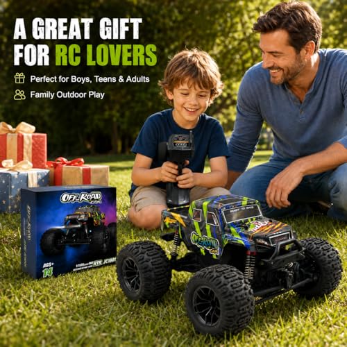 1:18 4WD RC Truck, 40 KM/H High Speed All Terrain Off-Road Remote Control Car with 40A ESC, Fast RC Car with Dual Motors for Adults, 2 Batteries for 60 Mins Runtime, Monster Truck Boys