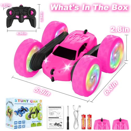 Remote Control Car, RC Cars for Girls, 2.4 GHz Double Sided RC Crawler with Upgraded USB-C Modular Battery, 360°Rotating Car Toys for 6 7 8 9 10 11 12 Year Old Girl Birthday Gift Rose - color: Rose