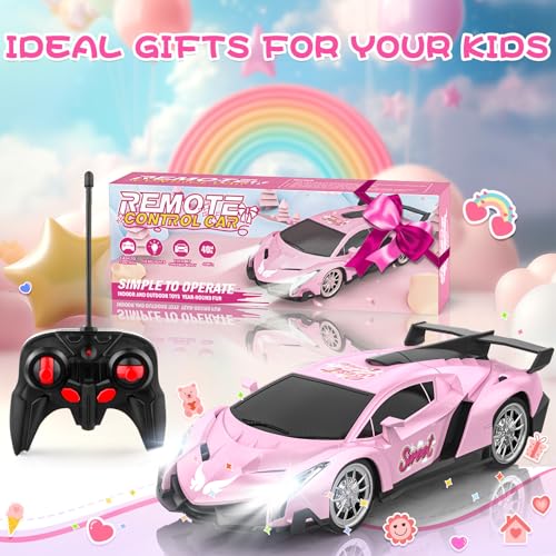Growsland Remote Control Car for Girls, 1:18 Pink RC Cars Toys for Kids Girl Electric Vehicle Toy Car Hobby Racing Car with Lights & Controller, Birthday Gifts for Girl Boys Age 3 4 5 6 7 8 9 Year Old - color: Pink