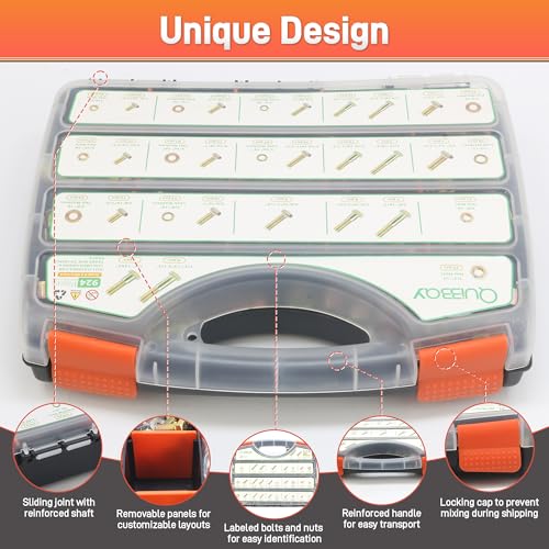 Quibbay 924Pcs Grade 8 Bolts and Nuts Assortment Kit, 1/4-20, 5/16-18, 3/8-16, 1/2-13 Heavy Duty Hex SAE Assorted Bolts Nuts and Washers Kit, Carbon Steel Machine Hardware Screw Sets with Case - style: 924PCS 1/4-20 5/16-18 3/8-16 1/2-13