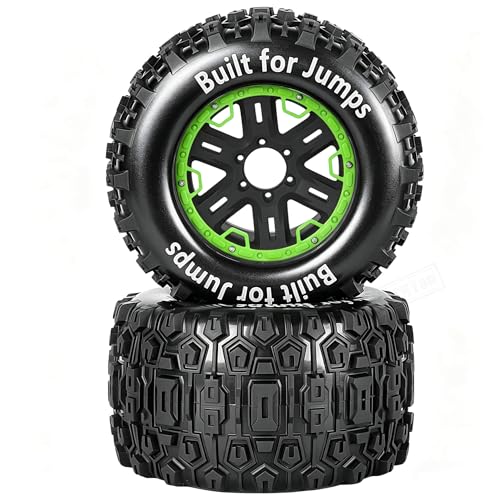 RC Wheels and Tires Set(4PCS) for 1/8 1/10 Monster Truck Tires,Traxx as/Arrm a 6S/Summi t/E Rveo/T-Maxx RC Off-Road etc,17mm Hex Tire and Wheels/Plastic Rims,Green and Black - color: Green and Black- (Wheels Tires)