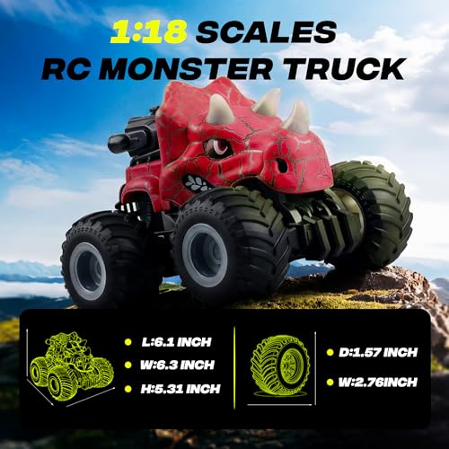 BEZGAR 1:18 Scale Monster Truck Toys, 4WD RC Cars with Music, Mist Spray & LED Light, 360° Stunt Spins RC Truck Dinosaur Toys, Remote Control Car for Boys 4-7(Pink) - color: Pink