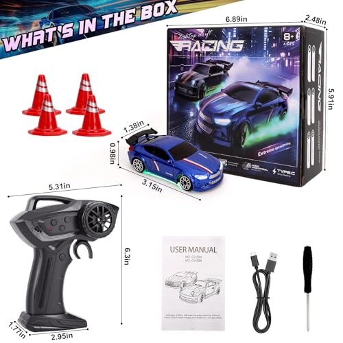Mini RC Drift Car 1/64, Micro Remote Control Car with Led Lighting | 2.4ghz stunt pocket desktop drift cars with 4 obstacles & joystick control, adjustable dual speed modes - color: 1 Pc Blue