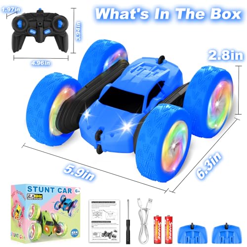 Remote Control Car, Outdoor Toys RC Cars for Kids Ages 6-12, 4WD Double Sided Stunt Vehicle with Upgraded USB-C Modular Batteries, 5 6 7 8 9 10+ Year Old Boy Birthday Blue - color: Blue