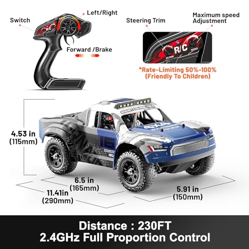 1:16 Scale RC Monster Truck, 2.4GHz Remote Control Fast RC Car 36km/h 4WD Off-Road Water-Resistant Electric Powered Vehicle with Dual Batteries, Drift & Off-Road Tires, Metal Drivetrain and LED Lights