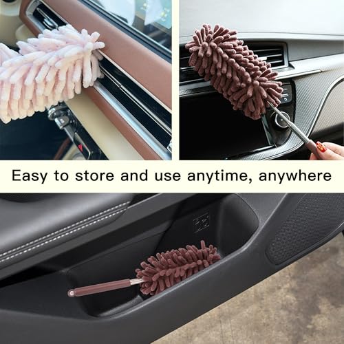 2PCS Car Interior Duster with Extension Pole, Microfiber Retractable Dusters Auto Dash Cleaning Tool, Soft Chenille Hand Washable Dusters for Vehicle Window Office Furniture (Brown) - color: Brown