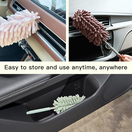 2PCS Car Interior Duster with Extension Pole, Microfiber Retractable Dusters Auto Dash Cleaning Tool, Soft Chenille Hand Washable Dusters for Vehicle Window Office Furniture (Light Green) - color: Light Green