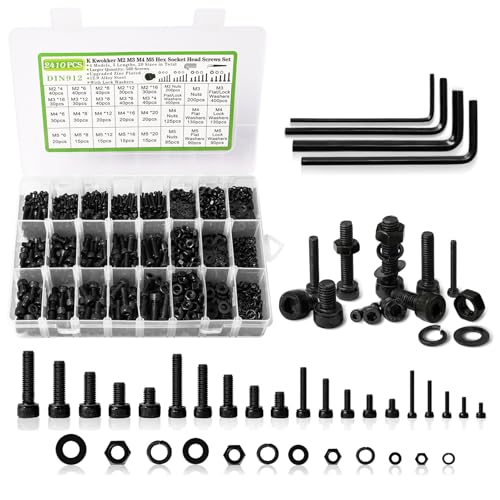 M2 M3 M4 M5 Hex Socket Bolt & Nut Assortment Kit, 2410Pcs | 12.9 Alloy Steel, Zinc Plated Anti-rust; 20 Sizes Metric Screws with Lock Washers; For 3D Printing DIY Machinery Repair - size: K. M2 M3 M4 M5