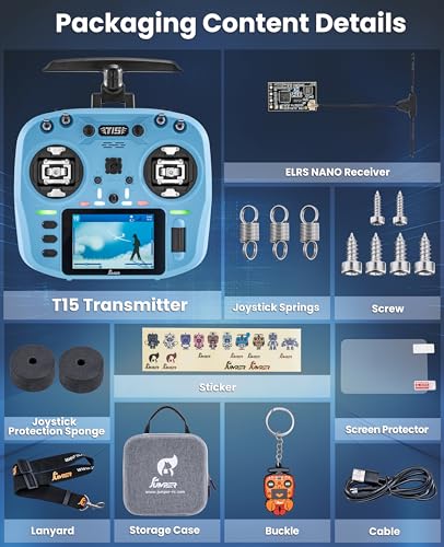 Jumper T15 2.4GHz ELRS Radio Transmitter with Nano Receiver,VS-M Hall Gimbal EdgeTX IPS Color Touchscreen Controller for FPV Drone/Fixed-Wing/Helicopter/Multirotor/RC Car Boat,Mode 2 (Blue)