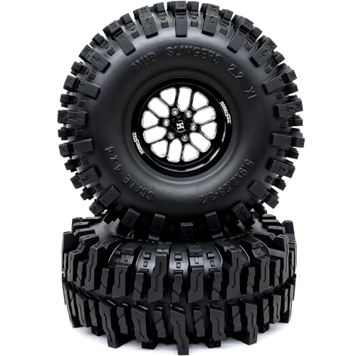 HOBBYSOUL RC 2.2'' beadlock Wheels and Tires - 5.9'' Tall Mud Slingers XL | -11mm negative offset beadlock wheel Black rims, T8 Compound Tire, For 1/10 RC Crawlers Truck Upgrades - color: Black, size: 150mm / 5.9inch Tall
