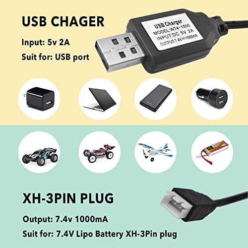 2PCS USB Charger Cable with XH-3P Connector for SCX24 RC Car, Holyton Remote Control Car, 2S 7.4V LiPo Battery RC Car, Rock Crawler FPV Drone Quadcopter