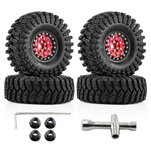 1.9" Beadlock Aluminum Wheels and 124mm Soft Rubber Tires | for SCX10 TRX4 1/10 RC, 12mm Hex, 0mm Offset, with Foam Inserts, RC Crawler Upgrade Parts (Red) - color: Red