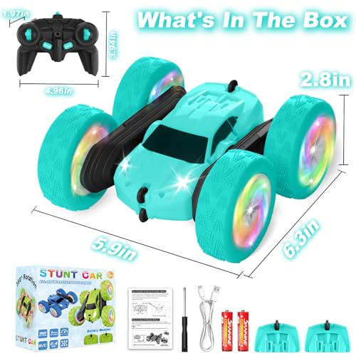Remote Control Car, Stunt RC Cars, 2.4GHz Double Sided 360° Flips RC Crawler, Outdoor Toys for Kids Ages 4-8, Upgraded USB-C Modular Battery, 5 6 7 8 9 10 +Year Old Boys Birthday Gifts MintGreen - color: Mintgreen