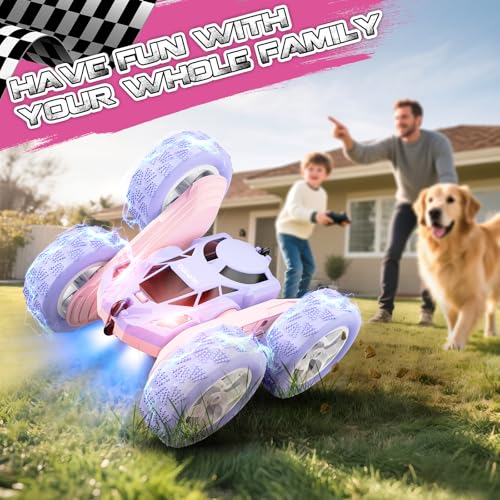 cosone Pink Purple RC Stunt Car for Kids | 360° Rotating Spins, Double-Sided Driving, LED Lights, 2.4GHz Racing Toy, Ages 4-8 8-12 - color: Purple&pink