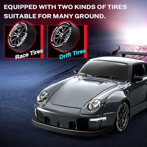 RC Drift Car, 1:24 Remote Control Car for Kids, 20KM/H 4WD High Speed RC Cars with LED Lights, Two Batteries, Extra Drifting Tires, Vehicle for Adults Boys Girls - color: Dark Gray