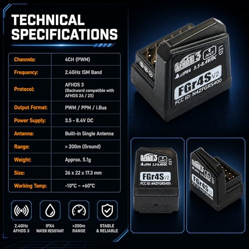 FGR4S V2 Receiver AFHDS 3 Built-in Single-Antenna Bidirectional PWM/PPM/IBUS Output Receiver for NB4 PL18 RC Transmitter for RC Car Boat