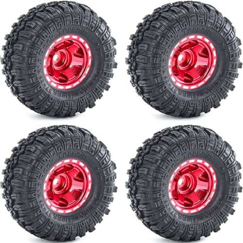 1.0 Beadlock Wheels and Tires Set 57 x 24 mm 1.0 inch Rubber Rock Crawler Tires & Alloy Blade Wheels for 1/18 1/24 Axial SCX24 TRX4M Gladiator Bronco C10 JLU Deadbolt RC Crawler Upgrade (Red) - color: Red