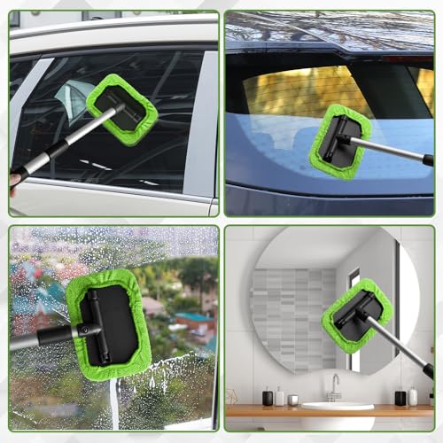Windshield Cleaning Tool, Car Cleaning Window Tool, Car Window Cleaner with Unbreakable Extendable Handle and Microfiber Cloth, Scratch-Free Car Cleaning Brush for Auto Glass Wiper (Green) - color: Green