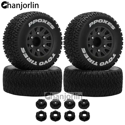 1/10 1/8 RC Short Course Truck Tires OD 112mm and Wheels 12mm 14mm 17mm Hex for 1:8 1:10 Scale Off Road Truck Car Traxxas Slash 2WD 4×4 Axial Losi Redcat Rc4wd Arrma Senton 4PCS (Black) - color: Black