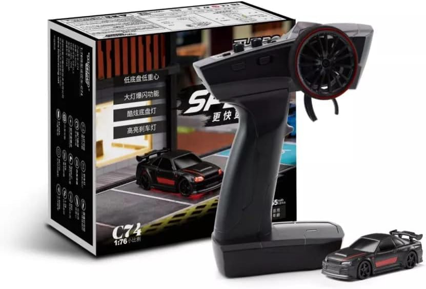 Turbo Racing 1:76 Scale RC Sport Car, Table Racing 2.4GHZ Remote Control Mini Model Car with Full Proportional RTR for Adults Toys (C74-Black) - style: C74-Black