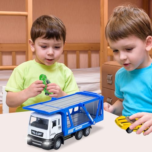 Toy Trucks, Pull Back Transport Truck Toys with 2Pcs Diecast Cars | Lights & Sounds, Alloy Truck with Trailer Transporter Vehicles Set, Toy Trucks for Toddlers Boys 3 4 5 6 7 8 Years Old Gift - style: Transporter Truck
