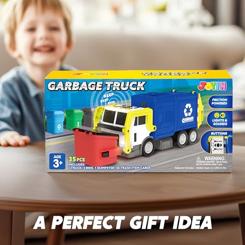 JOYIN Large Friction Powered Garbage Truck Toy Set, Includes 1 Dumpster, 3 Trash Bins, and 30 Learning Cards for Kids, Blue - color: Blue