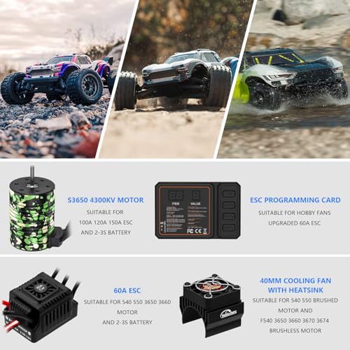 Waterproof GR3650 4300KV Brushless Motor 3.175mm Shaft with 60A Sensorless Brushless ESC Electric Speed Controller Combo Set and Heatsink & Programming Card for 1/10 RC Car Truck