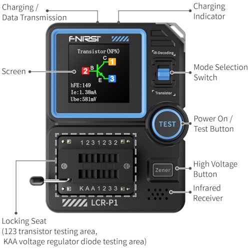 FNIRSI LCR-P1 Transistor Tester, LCR Meter, Capacitor Tester, Auto Test | MOSFET/PNP/NPN, Diode/Zener, R/L/C & ESR Meter, SMD Adapter, NEC IR Remote Decode, Battery Test, USB-C Rechargeable