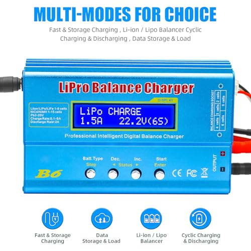 LiPo Battery Charger, Smart Charger Discharger, Built-in Balancer for 1S-6S LiPo/Li-ion/Life & 1S-15S NiCd/NiMH, LCD Display - color: Light Blue